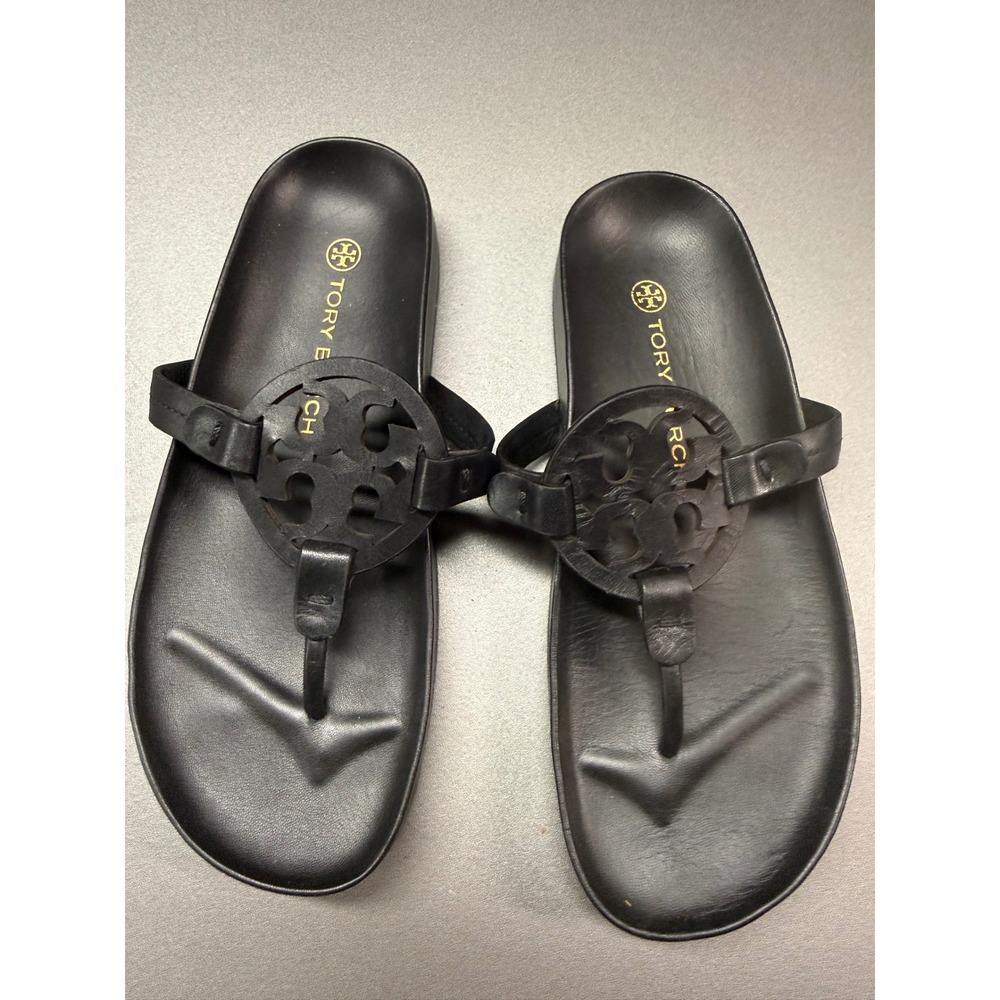 Tory Burch Miller Cloud Black Leather Thong Logo Platform Sandals Womens 7